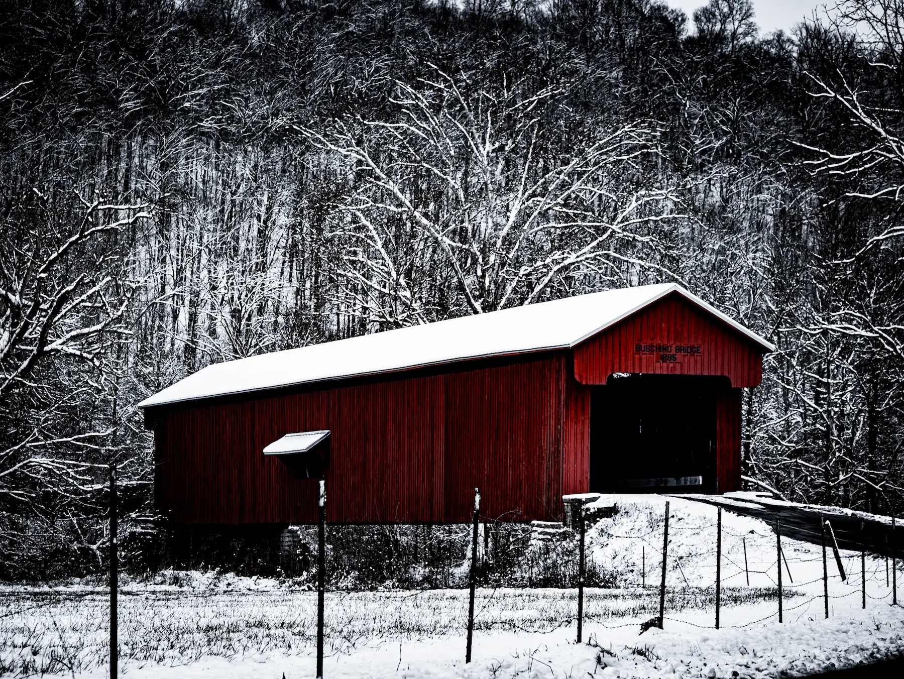 Busching Bridge at Versailles State Park in winter